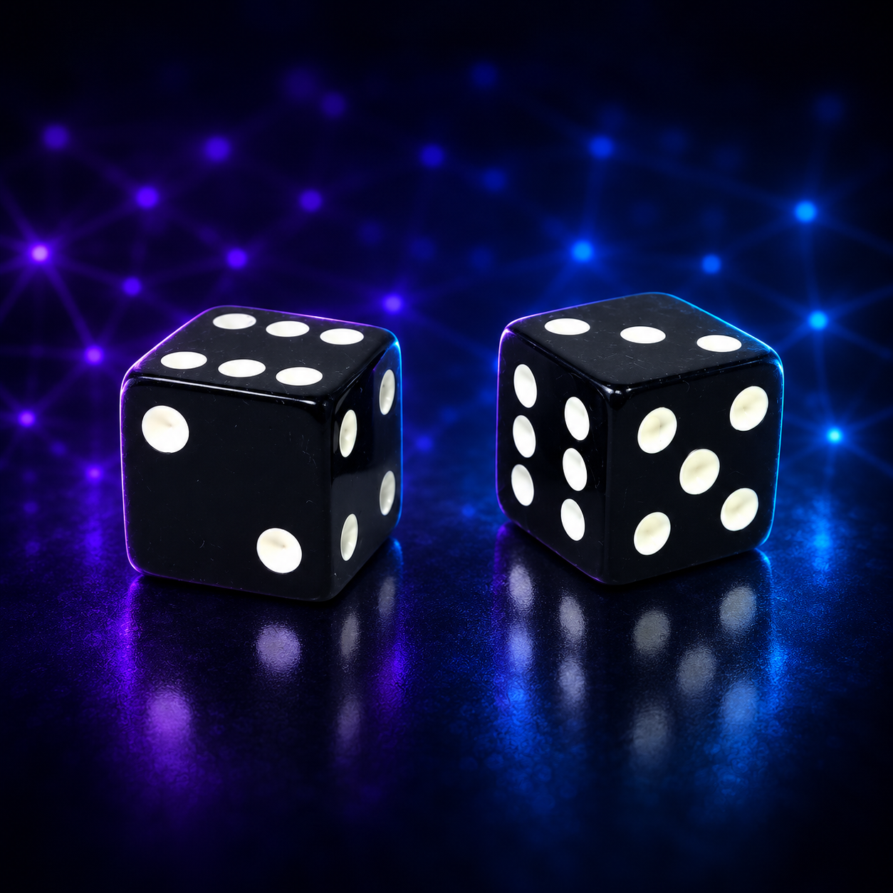 Two stock 25 mm black dice with clear white dots on a violet and cyan PsiGrid background